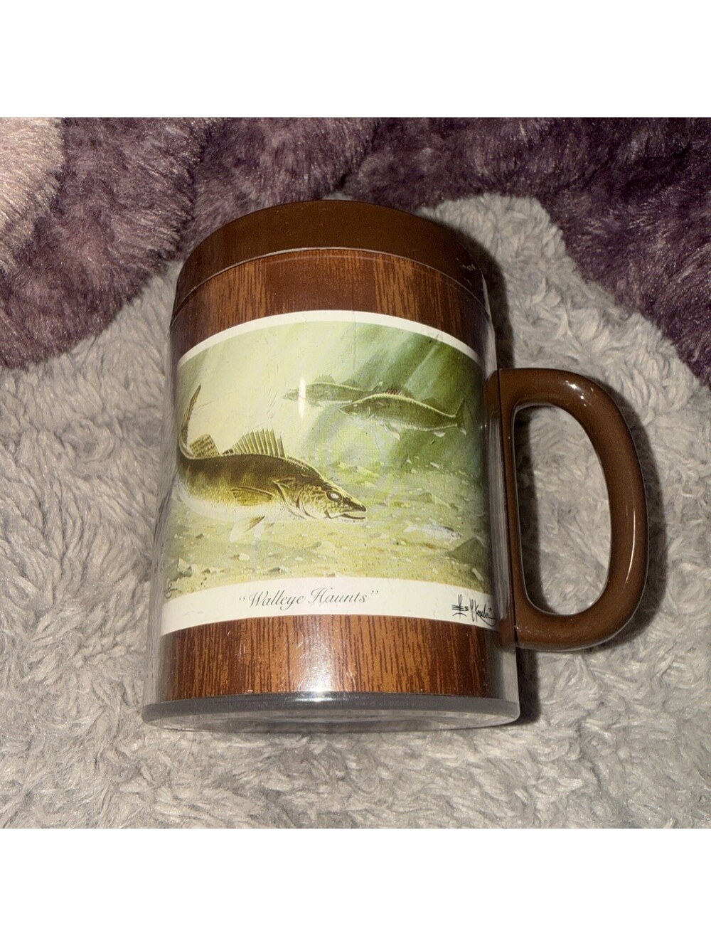 Vintage 1979 Brown Plastic cup, Mug w. Lake Scene Fish Jumping “Walleye Haunts"